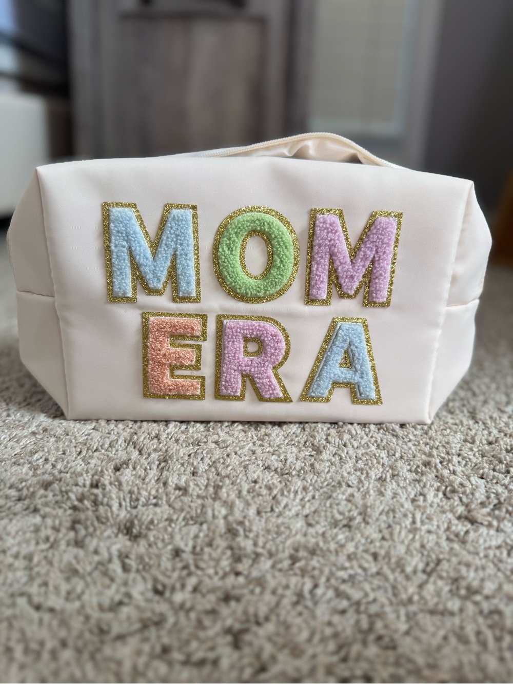 Cream Cosmetic Bag with Pastel Chenille 'MOM ERA' Letters